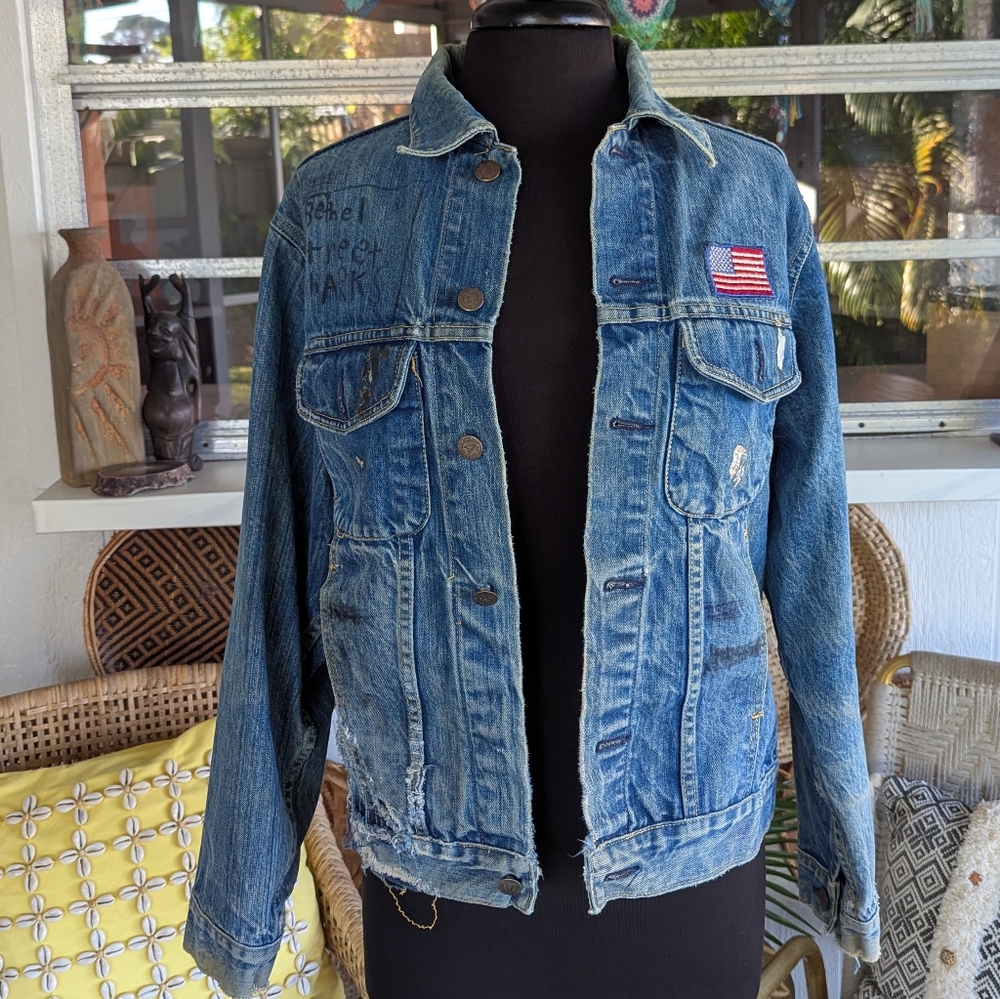 Vintage 80s Graffiti Trucker Jacket M? Blue Jean Jacket Punk Denim - Picture 2 of 16